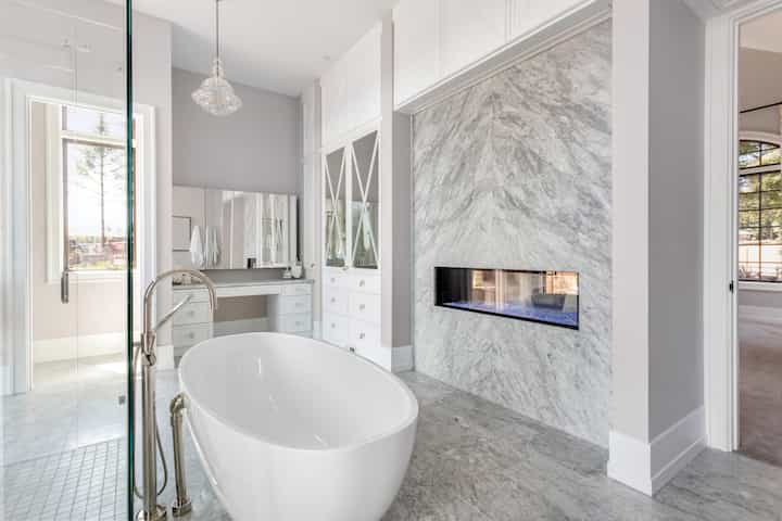Elegant bathroom remodel with custom fireplace for Boulder, Colorado